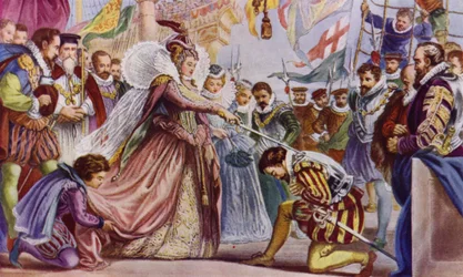 Königin Elisabeth I. schlägt Sir Francis Drake an Bord seines Schiffes, der Golden Hind, Deptford, 1581 zum Ritter