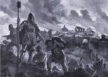 Iwan der Schwarze setzt Zhabliak in Brand 1484, aus Hutchinsons Geschichte der Nationen (Band 4) veröffentlicht von Hutchinson, ca. 1920