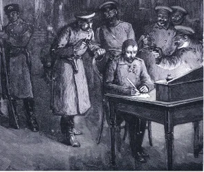 Prinz Alexander unterzeichnet seine Abdankung 1886, Illustration aus Hutchinsons Geschichte der Nationen, Band 4, ca. 1920er Jahre