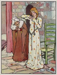Rosanne sticht sich mit der Spindel in die Hand