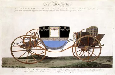 Der Sicherheitswagen des Marquis von Landsdown, erfunden und patentiert vom Künstler, Longacre, London (Gravur)