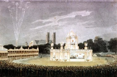 Feuerwerk in Green Park zur Feier des Sieges über Napoleon, graviert von Matthew Dubourg, veröffentlicht 1814