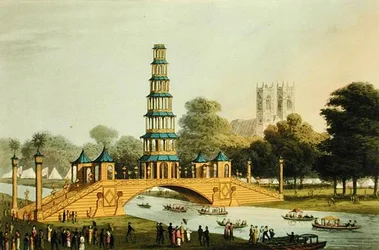 Die chinesische Brücke und Pagode, errichtet im Park zur Erinnerung an den glorreichen Frieden von 1814, graviert von Matthew Dubourg (fl. 1785-20)
