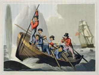 Ein Schiff greift einen Wal an, graviert von Matthew Dubourg, veröffentlicht von Edward Orme, 1813