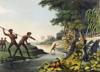 Kängurujagd, Aborigines in New South Wales, graviert von Matthew Dubourg (fl. 1813-1820) 1813