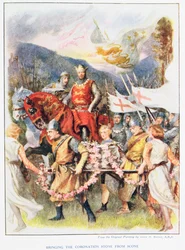 Die Überführung des Krönungssteins aus Scone, Illustration aus „Stories of Royal Children from English Stories“ von Doris Ashley, veröffentlicht von Raphael Tuck, 1920