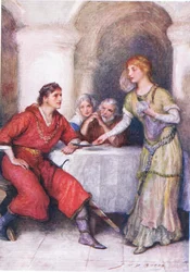 Enid wartet auf Geraint, Illustration für Kinder Geschichten von Tennyson von Nora Chesson