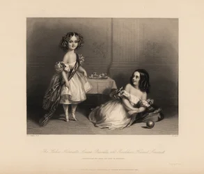 Henrietta Louisa Priscilla und Geraldine Harriet Somerset, Töchter von Henry Somerset, 7. Herzog von Beaufort. Zwei Mädchen in schulterfreien Kleidern mit Bändern, Haare in Ringellocken, spielen mit einem Spielzeug-Teeset und Ball. Stahlstich von H. Cook n