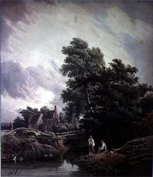 Landschaft mit Wassermühle und Figuren