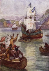 Französischer Entdecker Jacques Cartiers Schiffe auf dem Sankt-Lorenz-Strom, Kanada
