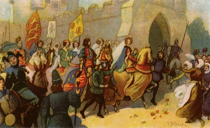 König Edward III. und seine Edelleute eskortieren Philippa von Hennegau nach York