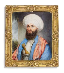 James Silk Buckingham (1786-1855), in weißem Hemd mit hellblauem Mantel, rosa besticktem Schal um die Schultern und weißem Turban mit einem Dolch im Kummerbund, Landschaftshintergrund mit einer Moschee