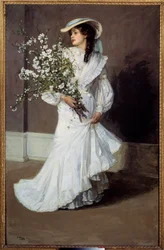 Frühling. Allegorie des Frühlings: Porträt einer weiß gekleideten Frau mit einem Blumenstrauß. Gemälde von Sir John Lavery (1856-1941)