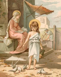 Jesus als Junge, spielt mit Tauben