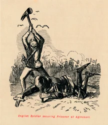 Englischer Soldat sichert Gefangenen bei Agincourt, ca. 1860
