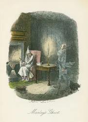 Marleys Geist erscheint Scrooge. Illustration von John Leech für Charles Dickens