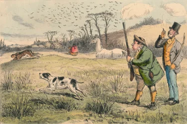 Mr. Jogglebury Crowdey mit seinem Hund und seiner Waffe, ca. 1860er