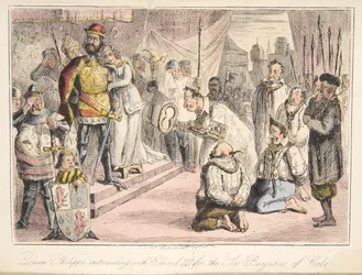 Königin Philippa bittet Eduard III. für die sechs Bürger von Calais, aus The Comic History of England, veröffentlicht 1864 (handkolorierte Radierung)