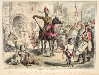 Wilhelm der Eroberer inspiziert die Freiwilligen vor der Invasion Englands, aus The Comic History of England, veröffentlicht 1864 (handkolorierte Radierung)
