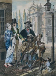 Weltliche Leute befragen Schornsteinfeger und ihren Meister vor der Christ Church..., 1811-ca. 1813