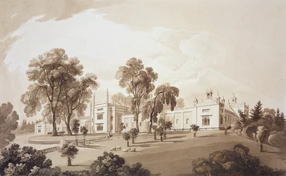 Ansicht des Bauernhauses mit Sichtschutz zu den Ställen und Farmgebäuden des Sezincote House, graviert von Frederick Christian Lewis Snr., ca. 1817-18