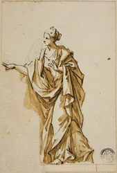 Stehende weibliche Figur, die nach links zeigt