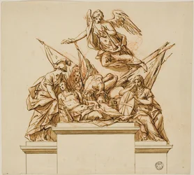 Krieger begleitet von Britannia, Minerva und Ruhm (recto); Entwurf für das Denkmal für Nicholas Rowe (verso)