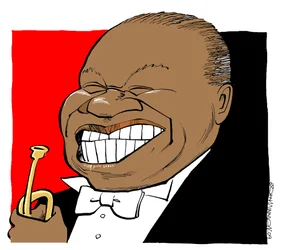 Louis Armstrong - Karikatur, spielt seine Trompete