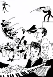 Musik Fantasie - Cover für Musikbuch oder Artikel - mit Dirigenten, Musikern, Instrumenten, Violine, Schlagzeug, Kontrabass, Saxophon, Klavier, Partitur, Elvis, Bach