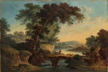 Landschaft mit Burg und Brücke