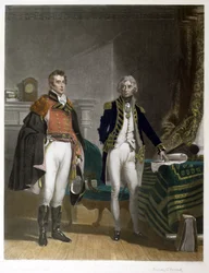 Ein Treffen zwischen Generalmajor Sir Arthur Wellesley und Vizeadmiral Horatio Nelson, September 1805, graviert von Samuel William Reynolds (1794-1872), veröffentlicht von A.J. Isaacs
