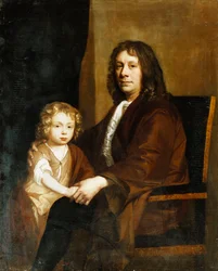 Porträt von Thomas Rowe und seinem Sohn, sitzend, dreiviertel Länge, der Erstere in einem braunen Gewand, der Letztere in einem braunen Kleid und Umhang