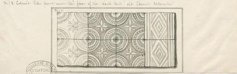 Uttoxeter Kirche - Farbige Fliesen unter dem Boden des Nordschiffs gefunden: Feder- und Tuschzeichnung, undatiert [ca. Mitte 19. Jh.]