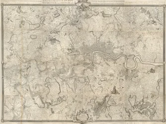 Eine Karte von London aus dem 18. Jahrhundert. Eine genaue Vermessung der Städte London, Westminster, des Stadtteils Southwark und des Landes in einem Umkreis von zehn Meilen, begonnen 1741 und beendet 1745 / von John Rocque, Landvermesser & (gestochen) v