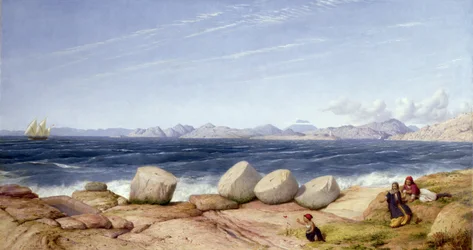 Piräus, das Grab des Themistokles und zerstörte Denkmäler mit Blick auf die Insel Salamis