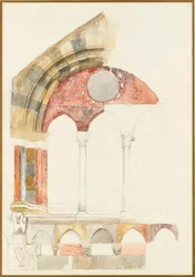 Ein Fenster des Broletto, Como: schnelle Skizze in Farbe, zeigt die Methode der Marmorintarsien, 1869