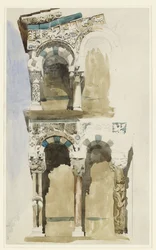 Teil der Fassade der zerstörten Kirche San Michele in Foro, Lucca, skizziert in Farbe, 30. Juni - 1. Juli 1846