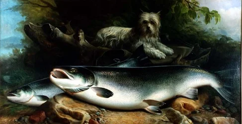 Bewachung des Tagesfangs; ein Skye Terrier mit einem Hahn und einer Henne