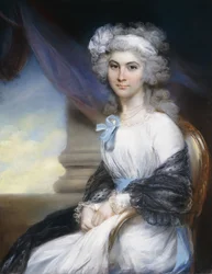 Porträt von Miss Sophia Vansittart, in Dreiviertelansicht, in einem weißen Kleid, mit einem weißen Band im gepuderten Haar und einem schwarzen Schal um die Schultern drapiert, neben einer klassischen Säule sitzend