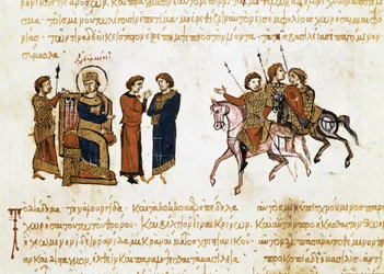 Die Krönung des byzantinischen Kaisers Leon V. dem Armenier (775-820), Miniatur aus „Synopsis historiarum“, ca. 1126-1150