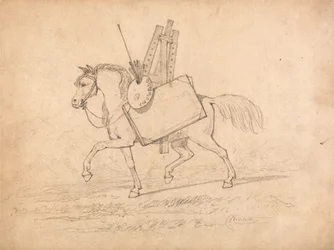 Pferd beladen mit Künstlerutensilien