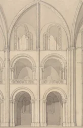 Perspektivische Aufrissansicht eines Teils der Abteikirche Saint-Étienne in Caen, Normandie