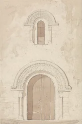 Westportal und Fenster in der Kirche von Ham bei Valognes, Normandie