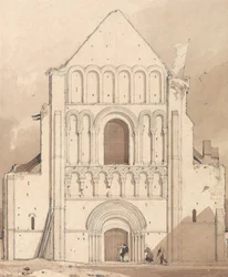 Westfassade der Kirche von Oyestraham [Ouistreham], nahe Caen, Normandie