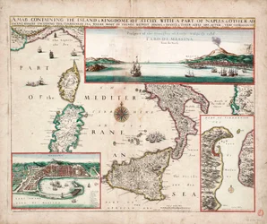Karte mit der Insel und dem Königreich Sizilien, einem Teil von Neapel und anderen angrenzenden Küsten einschließlich des Tyrrhenischen Meeres