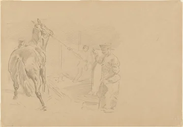 Mann zieht ein Pferd in einen Stall, 1918