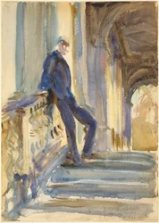 Sir Neville Wilkinson auf den Stufen der Palladian Bridge im Wilton House