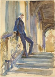 Sir Neville Wilkinson auf den Stufen der Palladian Bridge im Wilton House, 1904-5