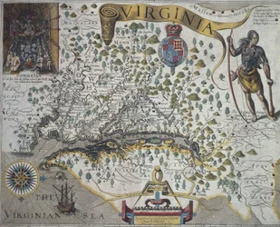 Karte von Virginia: Einsatz (oben links) zeigt das Innere der Hütte des Indianerhäuptlings Powathan