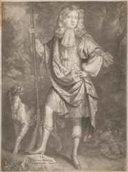 Der junge Lord Burleigh mit einer Waffe und einem Spaniel